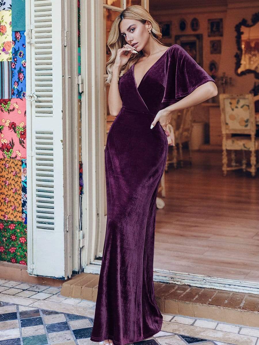 Vintage Plus Size Floor Length Velvet Evening Dress #color_Dark Purple Vintage Plus Size Floor Length Velvet Evening Dress #color_Dark Purple