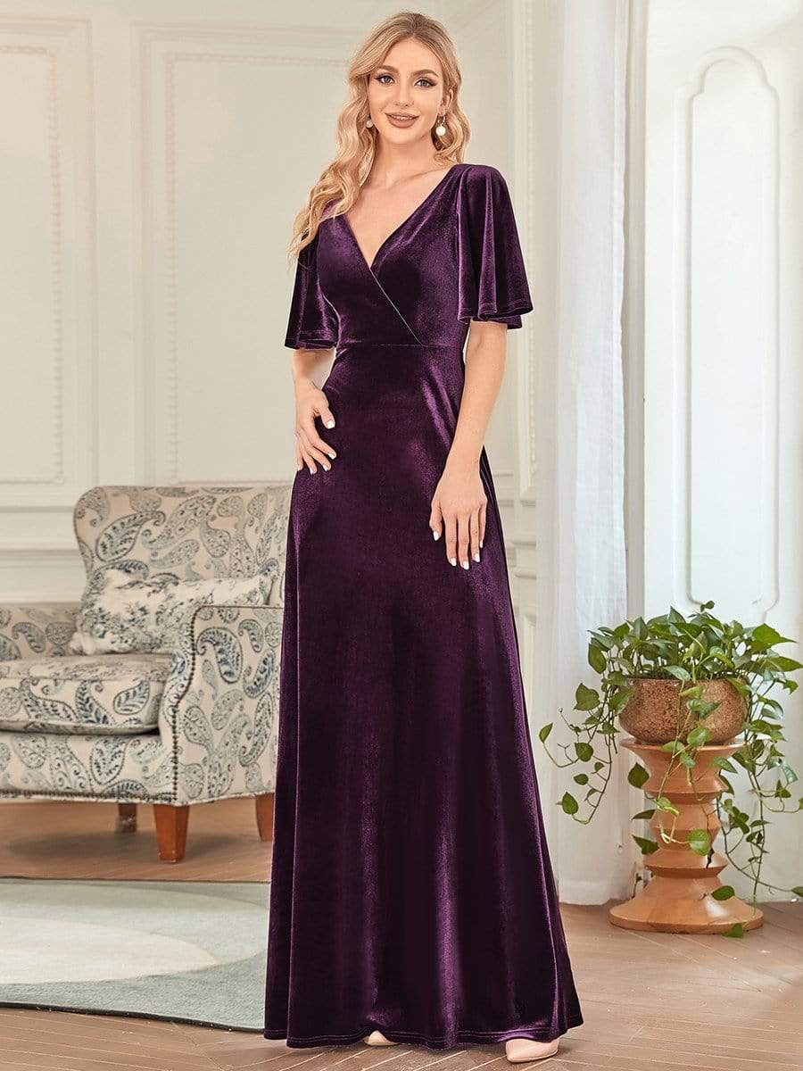 Vintage Plus Size Floor Length Velvet Evening Dress #color_Dark Purple Vintage Plus Size Floor Length Velvet Evening Dress #color_Dark Purple