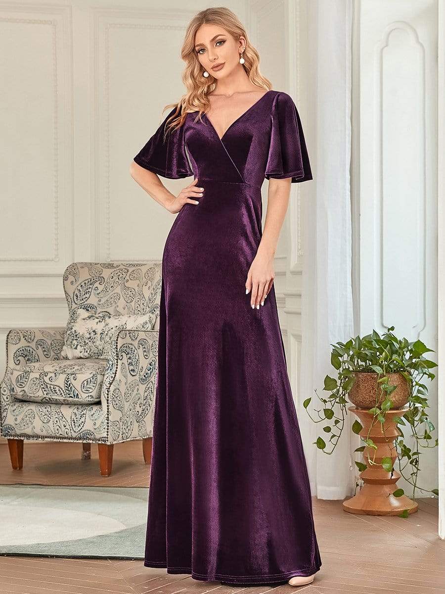 Vintage Plus Size Floor Length Velvet Evening Dress #color_Dark Purple Vintage Plus Size Floor Length Velvet Evening Dress #color_Dark Purple