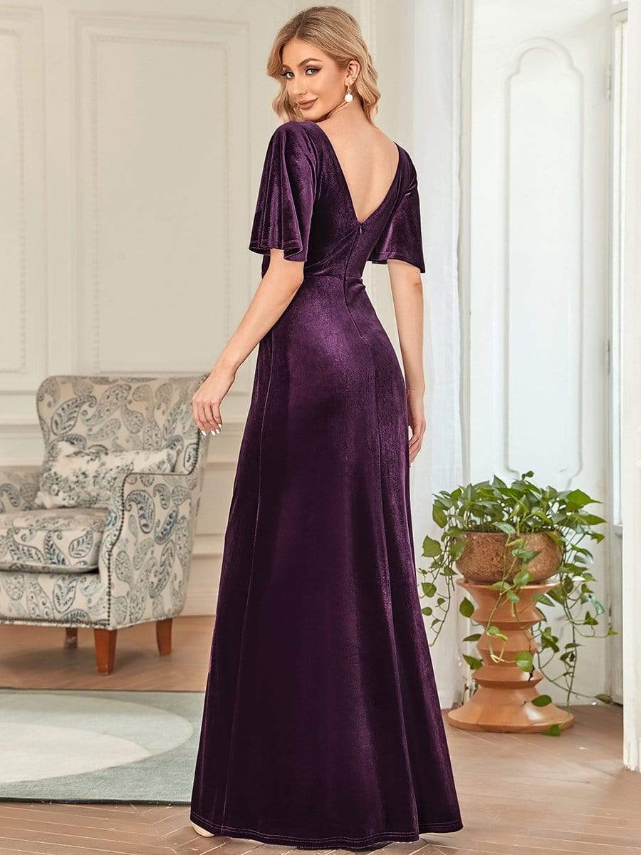 Vintage Plus Size Floor Length Velvet Evening Dress #color_Dark Purple Vintage Plus Size Floor Length Velvet Evening Dress #color_Dark Purple