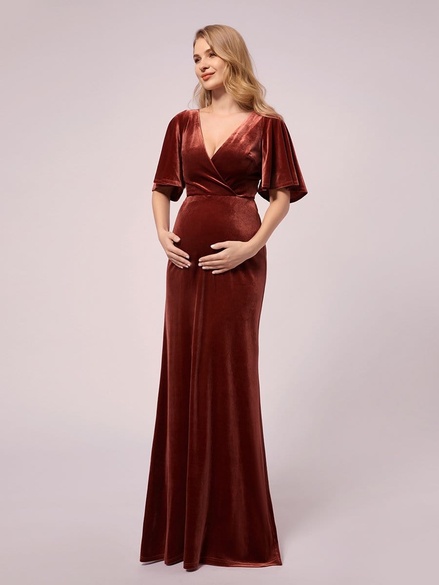 Color=Brick Red | Elegant Double V Neck Velvet Maternity Dresses-Brick Red 5 Color=Brick Red | Elegant Double V Neck Velvet Maternity Dresses-Brick Red 5