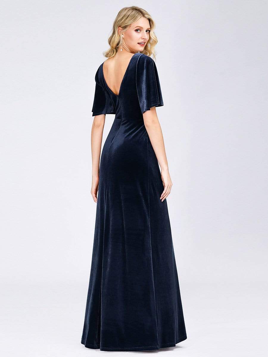 Color=Navy Blue | Elegant Double V Neck Velvet Party Dress-Navy Blue 2 Color=Navy Blue | Elegant Double V Neck Velvet Party Dress-Navy Blue 2