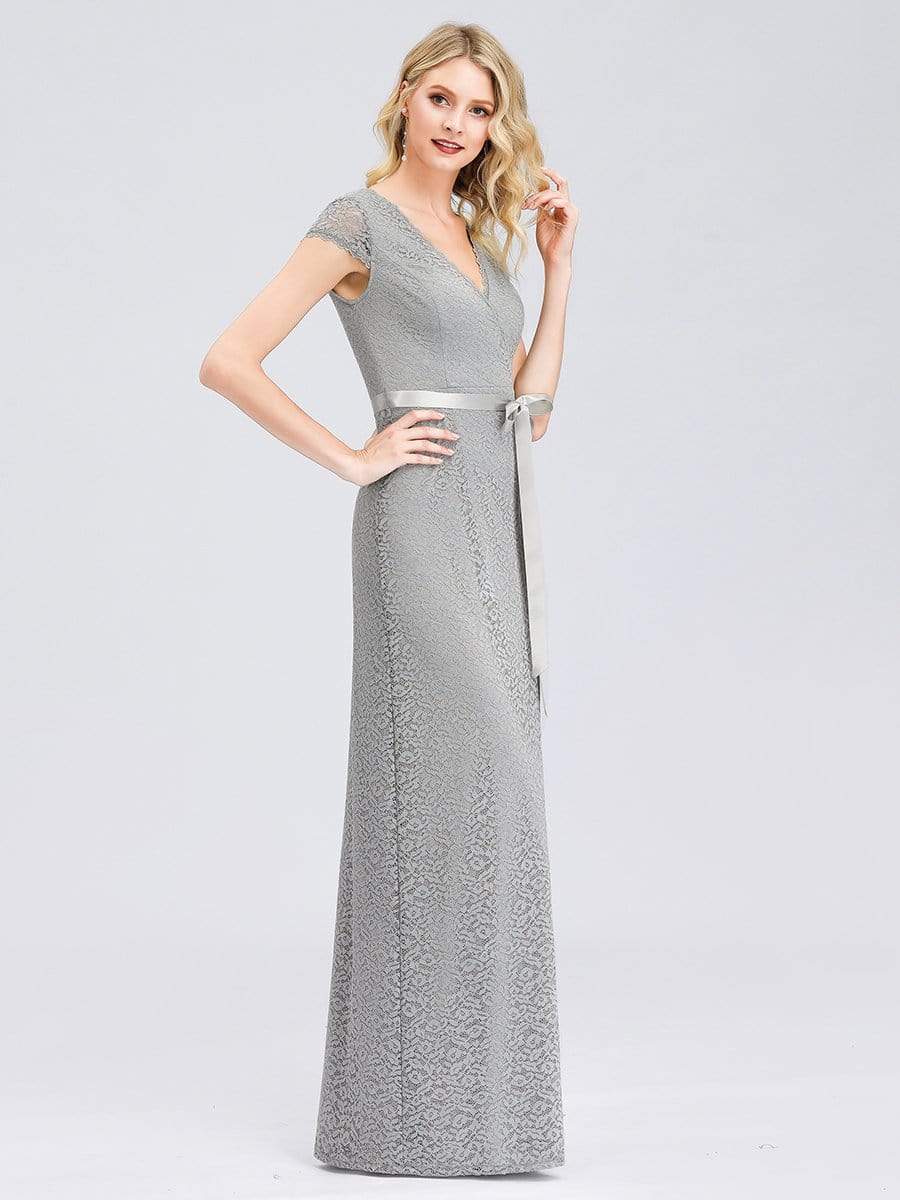 Color=Grey | Simple Floral Lace Floor Length Party Dress-Grey 3 Color=Grey | Simple Floral Lace Floor Length Party Dress-Grey 3