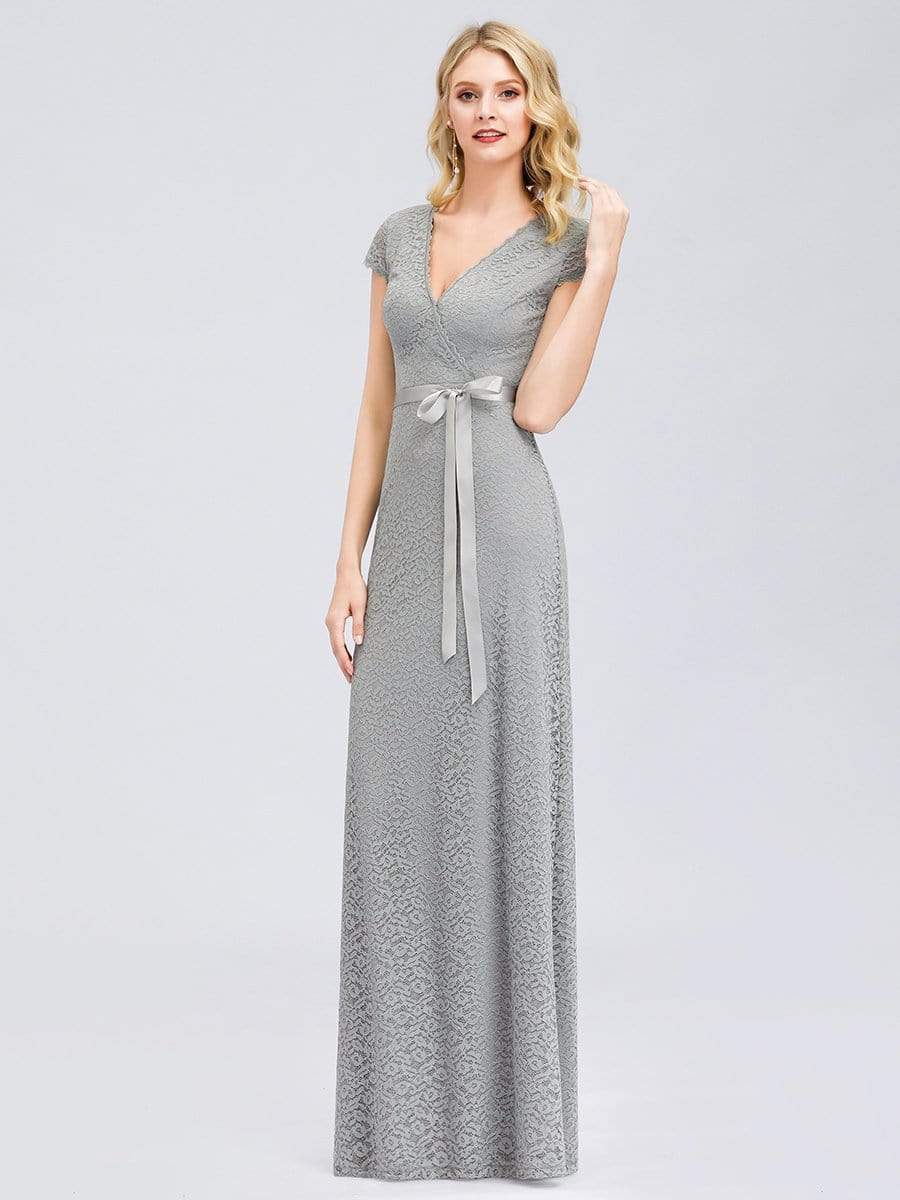 Color=Grey | Simple Floral Lace Floor Length Party Dress-Grey 2 Color=Grey | Simple Floral Lace Floor Length Party Dress-Grey 2