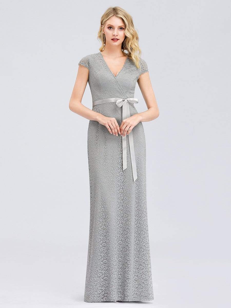 Color=Grey | Simple Floral Lace Floor Length Party Dress-Grey 1 Color=Grey | Simple Floral Lace Floor Length Party Dress-Grey 1