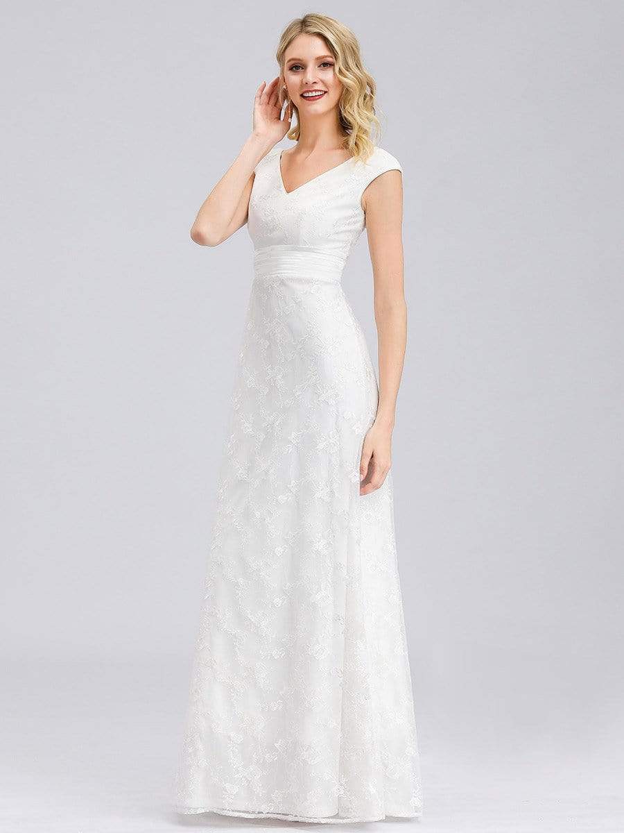 Color=White | Women'S V-Neck Cap Sleeve Floral Lace Wedding Dress-White 3 Color=White | Women'S V-Neck Cap Sleeve Floral Lace Wedding Dress-White 3