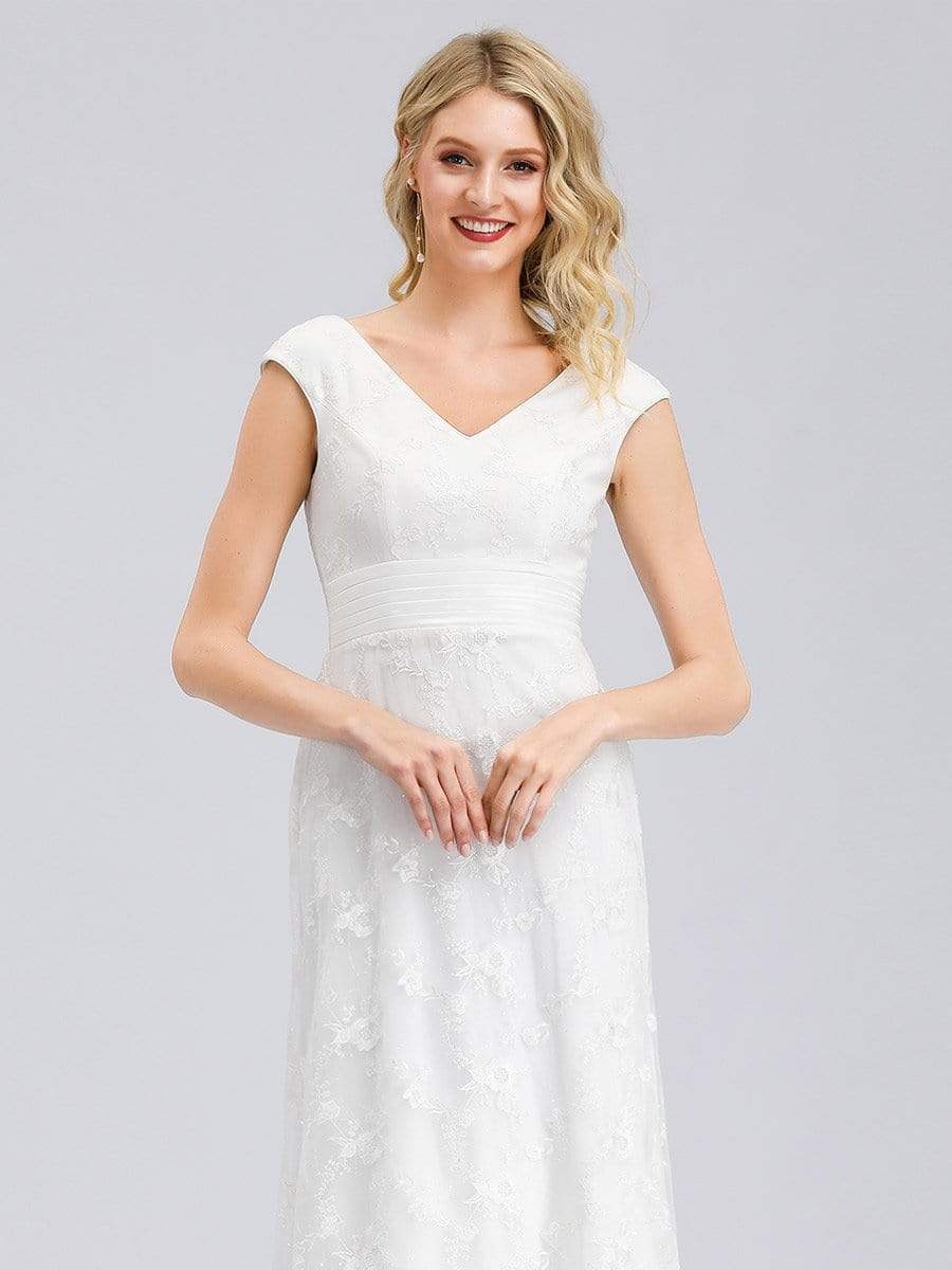 Color=White | Women'S V-Neck Cap Sleeve Floral Lace Wedding Dress-White 5 Color=White | Women'S V-Neck Cap Sleeve Floral Lace Wedding Dress-White 5