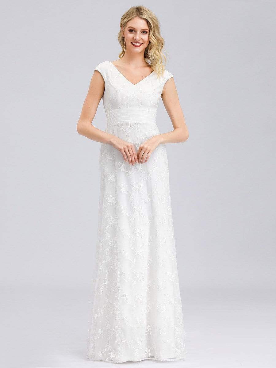Color=White | Women'S V-Neck Cap Sleeve Floral Lace Wedding Dress-White 1 Color=White | Women'S V-Neck Cap Sleeve Floral Lace Wedding Dress-White 1