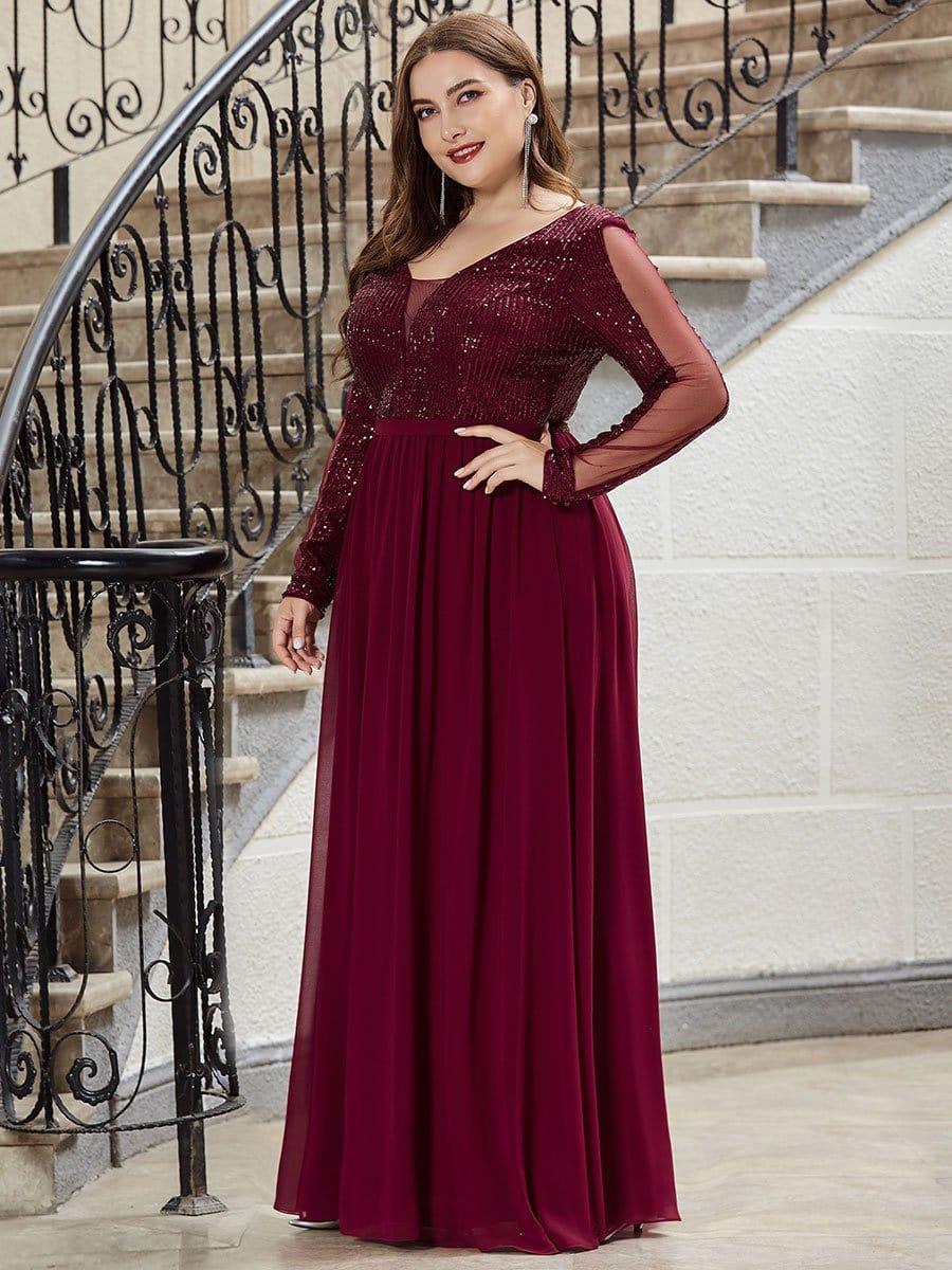COLOR=Burgundy | Plus Size Women'S V Neck Floor Length Evening Dress-Burgundy 3 COLOR=Burgundy | Plus Size Women'S V Neck Floor Length Evening Dress-Burgundy 3