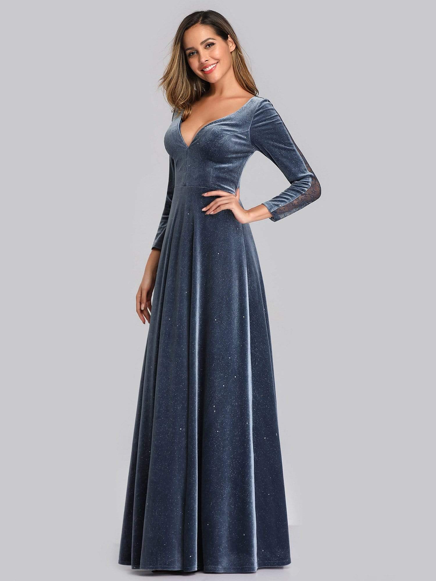 Color=Dusty Navy | Women'S V-Neck Velvet Floor Length Evening Dress-Dusty Navy 3 Color=Dusty Navy | Women'S V-Neck Velvet Floor Length Evening Dress-Dusty Navy 3