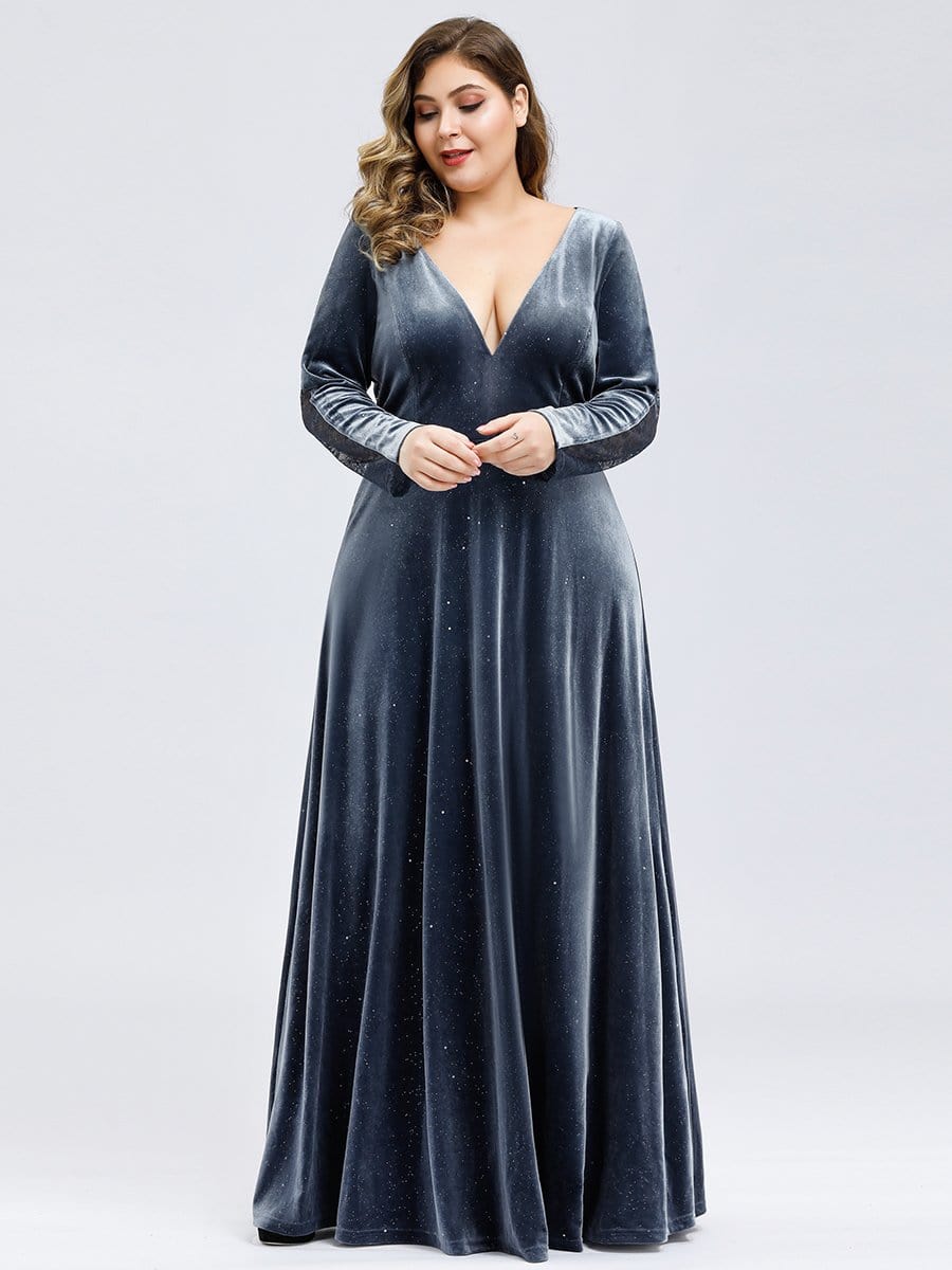 Color=Dusty Navy | Women's V-Neck Velvet Floor Length Evening Dress-Dusty Navy 1 Color=Dusty Navy | Women's V-Neck Velvet Floor Length Evening Dress-Dusty Navy 1