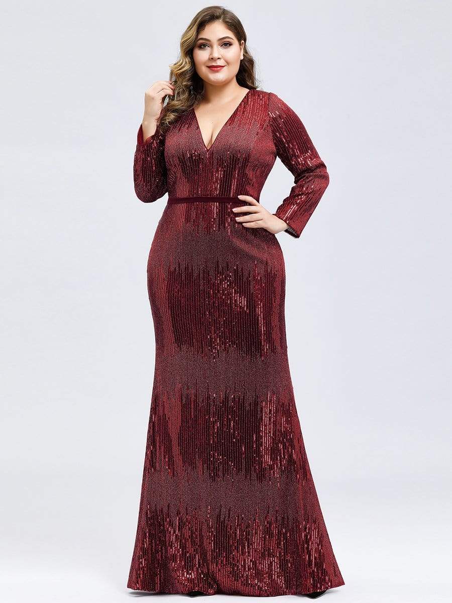 Color=Burgundy | Women'S Deep V-Neck Sequin Evening Dress With Long Sleeve-Burgundy 6 Color=Burgundy | Women'S Deep V-Neck Sequin Evening Dress With Long Sleeve-Burgundy 6