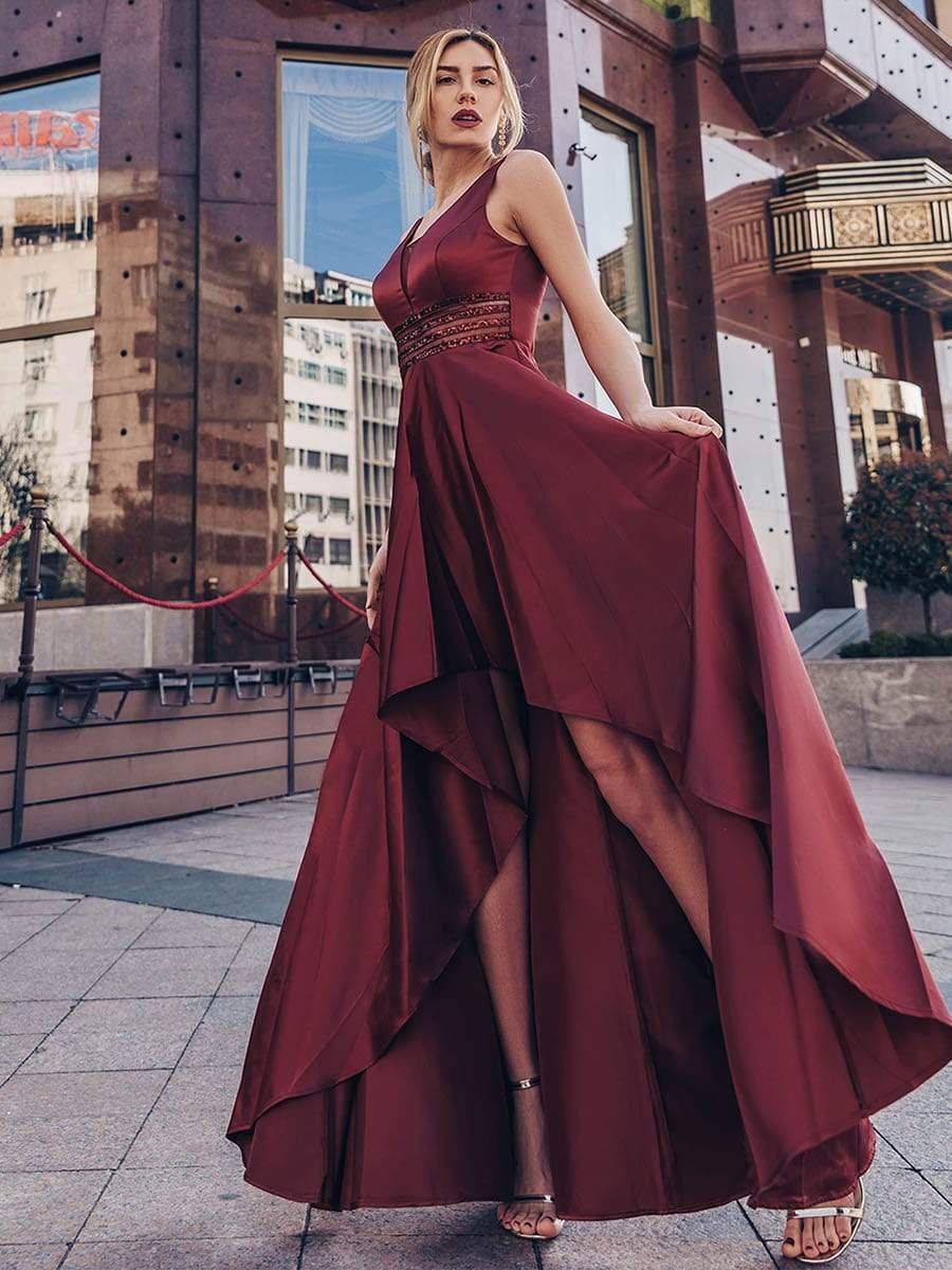 Color=Burgundy | Women'S V-Neck High Low Cocktail Party Maxi Dress-Burgundy 4 Color=Burgundy | Women'S V-Neck High Low Cocktail Party Maxi Dress-Burgundy 4