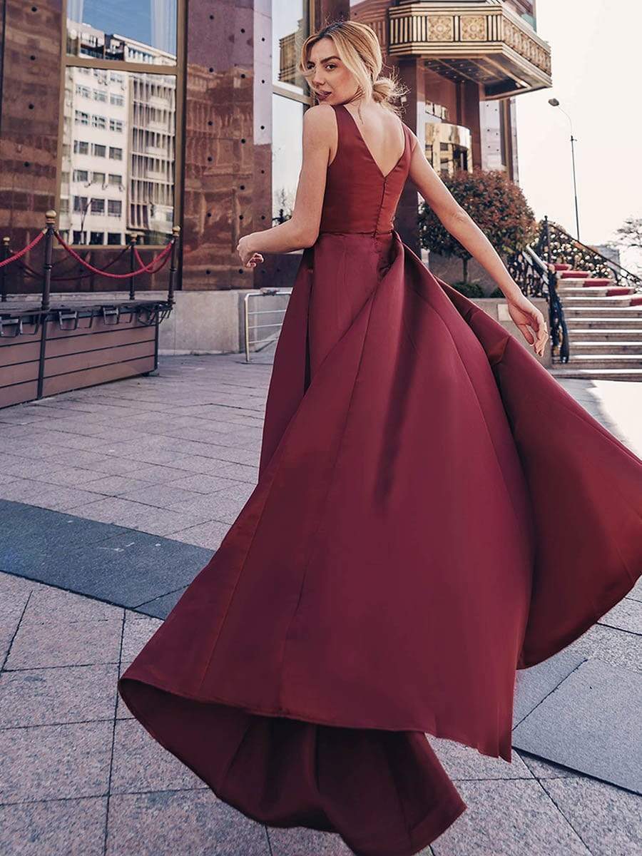 Color=Burgundy | Women'S V-Neck High Low Cocktail Party Maxi Dress-Burgundy 10 Color=Burgundy | Women'S V-Neck High Low Cocktail Party Maxi Dress-Burgundy 10