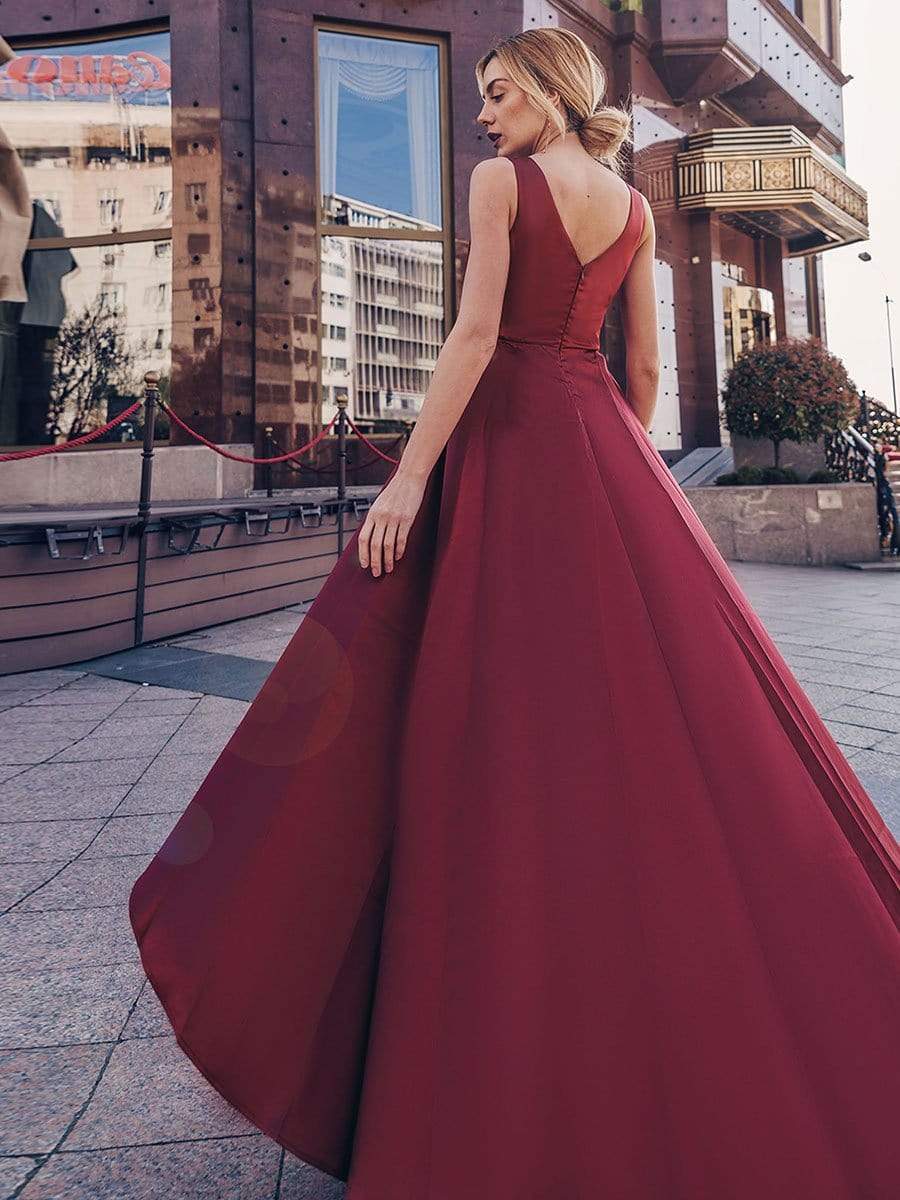 Color=Burgundy | Women'S V-Neck High Low Cocktail Party Maxi Dress-Burgundy 11 Color=Burgundy | Women'S V-Neck High Low Cocktail Party Maxi Dress-Burgundy 11