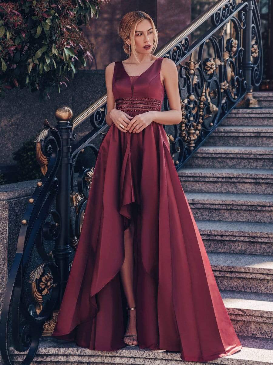 Color=Burgundy | Women'S V-Neck High Low Cocktail Party Maxi Dress-Burgundy 1 Color=Burgundy | Women'S V-Neck High Low Cocktail Party Maxi Dress-Burgundy 1