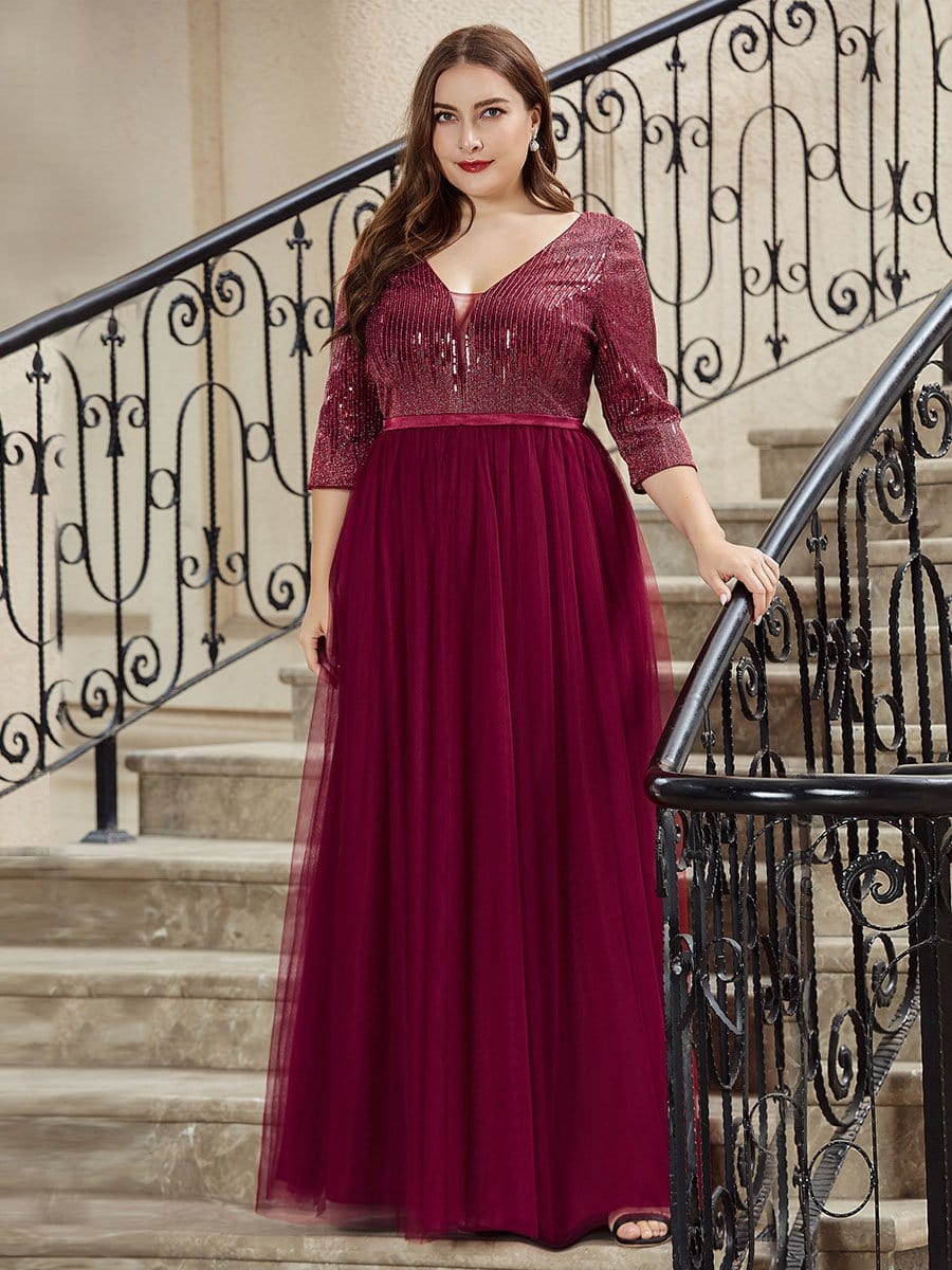 Color=Burgundy | Plus Size Women'S Fashion V-Neck Floor Length Evening Dress-Burgundy 3 Color=Burgundy | Plus Size Women'S Fashion V-Neck Floor Length Evening Dress-Burgundy 3