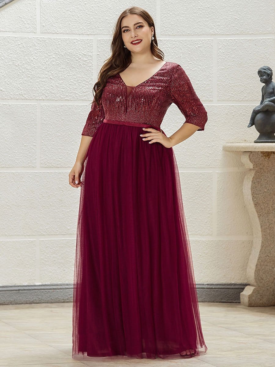 Color=Burgundy | Plus Size Women'S Fashion V-Neck Floor Length Evening Dress-Burgundy 1 Color=Burgundy | Plus Size Women'S Fashion V-Neck Floor Length Evening Dress-Burgundy 1