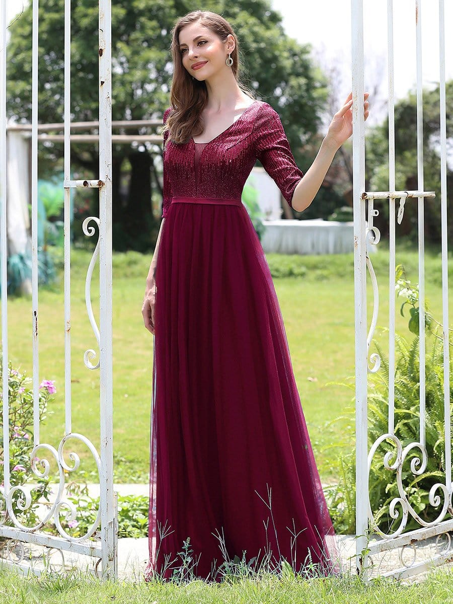 Color=Burgundy | Women'S Fashion V-Neck Floor Length Evening Dress-Burgundy 3 Color=Burgundy | Women'S Fashion V-Neck Floor Length Evening Dress-Burgundy 3