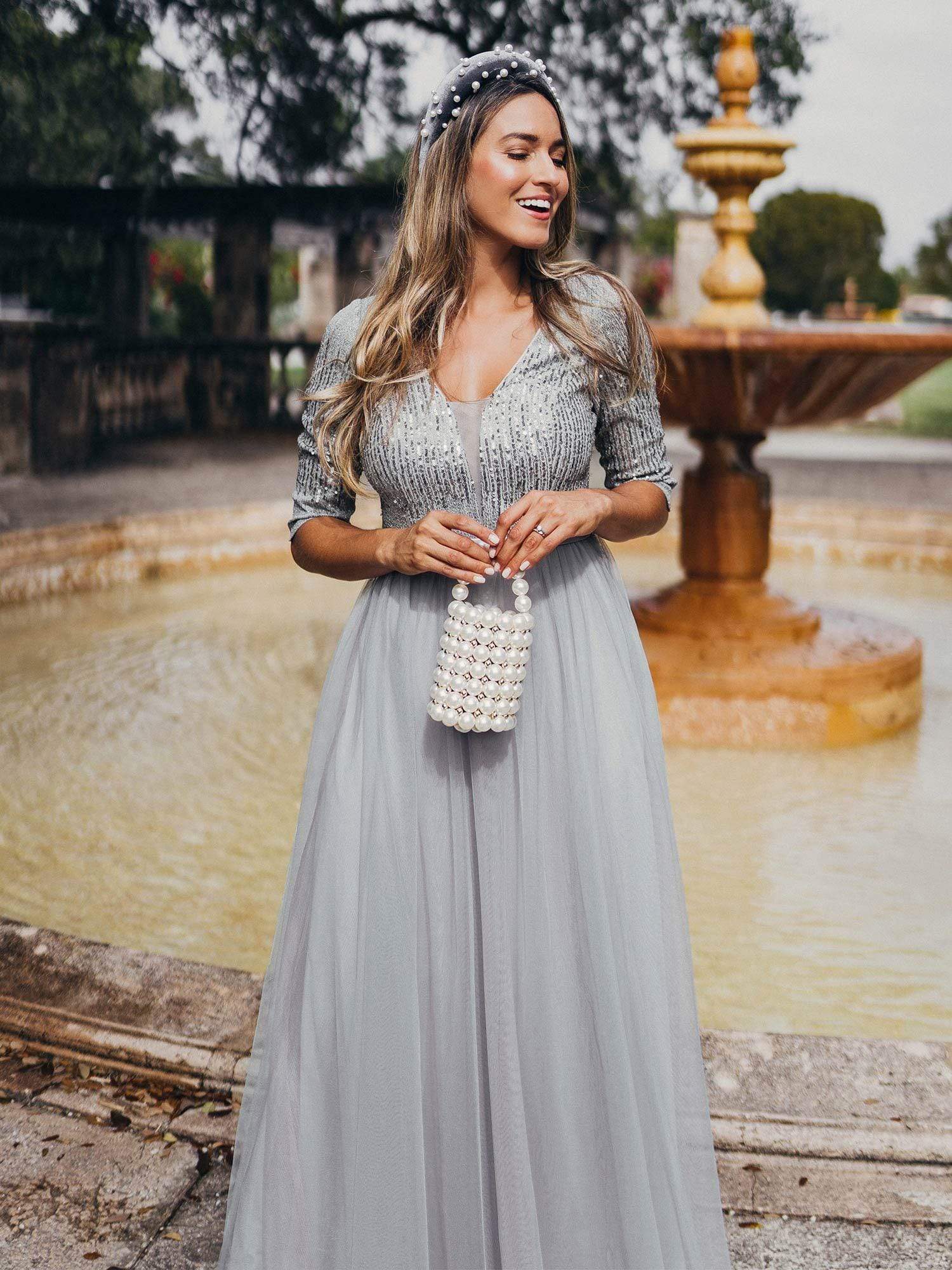 Color=Grey | Women'S Fashion V-Neck Floor Length Evening Dress-Grey 4 Color=Grey | Women'S Fashion V-Neck Floor Length Evening Dress-Grey 4