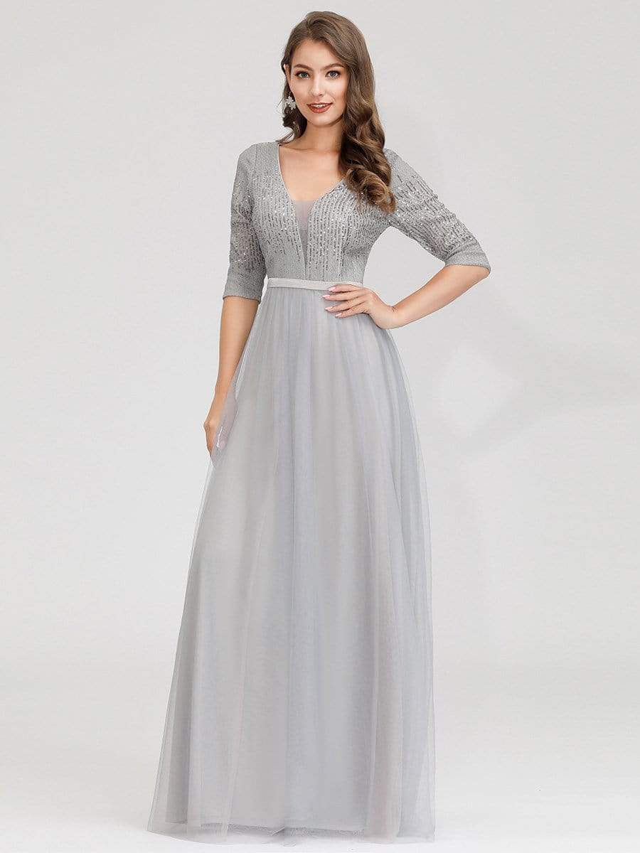 Color=Grey | Women'S Fashion V-Neck Floor Length Evening Dress-Grey 8 Color=Grey | Women'S Fashion V-Neck Floor Length Evening Dress-Grey 8