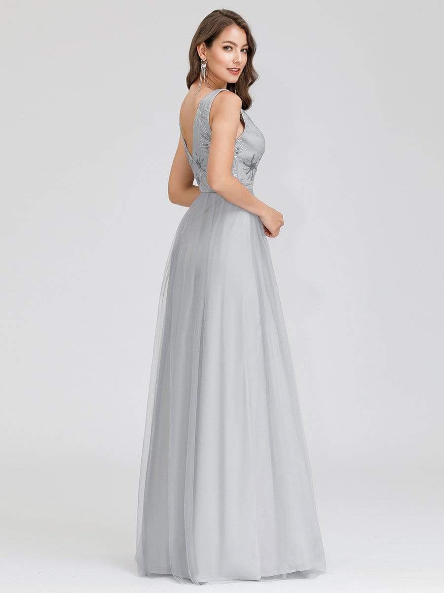 Color=Grey | V-Neck Sleeveless Party Evening Dress-Grey 2 Color=Grey | V-Neck Sleeveless Party Evening Dress-Grey 2
