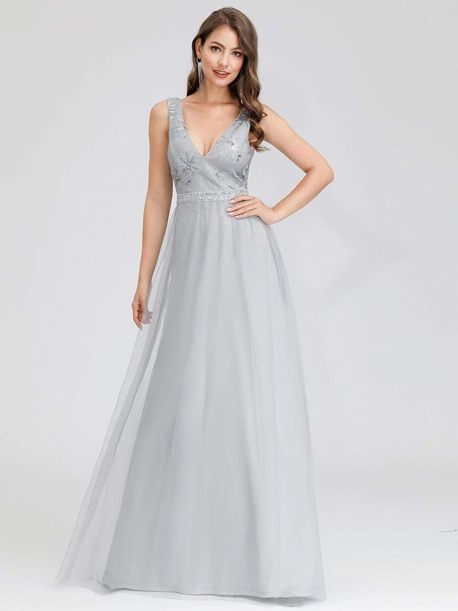 Color=Grey | V-Neck Sleeveless Party Evening Dress-Grey 4 Color=Grey | V-Neck Sleeveless Party Evening Dress-Grey 4