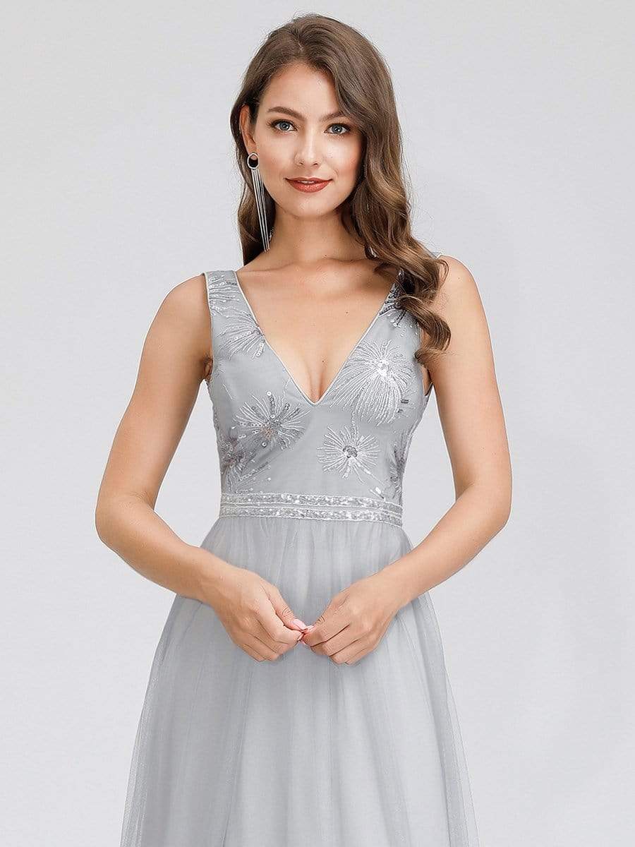 Color=Grey | V-Neck Sleeveless Party Evening Dress-Grey 5 Color=Grey | V-Neck Sleeveless Party Evening Dress-Grey 5