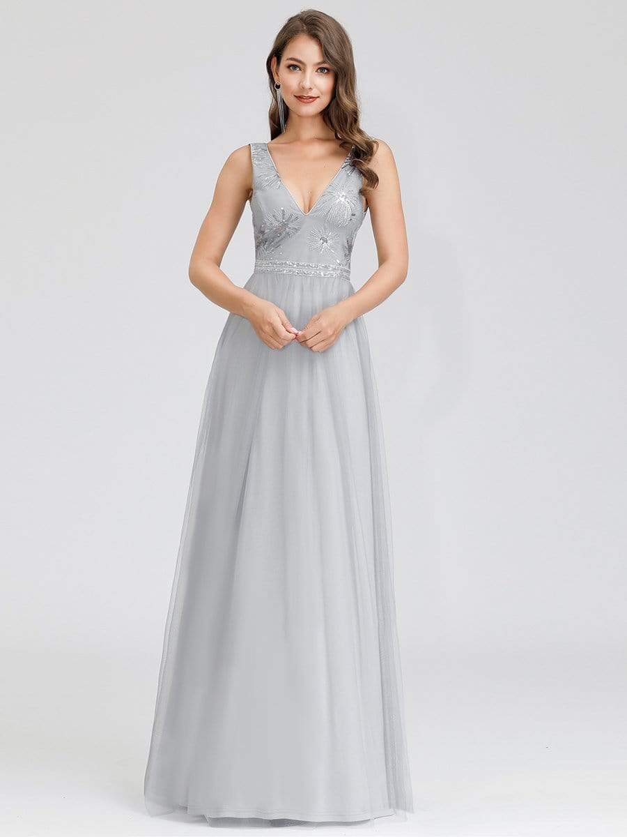 Color=Grey | V-Neck Sleeveless Party Evening Dress-Grey 1 Color=Grey | V-Neck Sleeveless Party Evening Dress-Grey 1