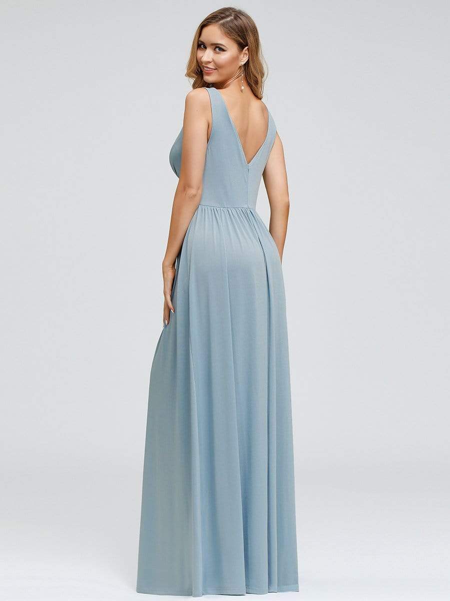 Color=Sky Blue | Women'S Double V-Neck Empire Waist Side Split Evening Dresses-Sky Blue 2 Color=Sky Blue | Women'S Double V-Neck Empire Waist Side Split Evening Dresses-Sky Blue 2