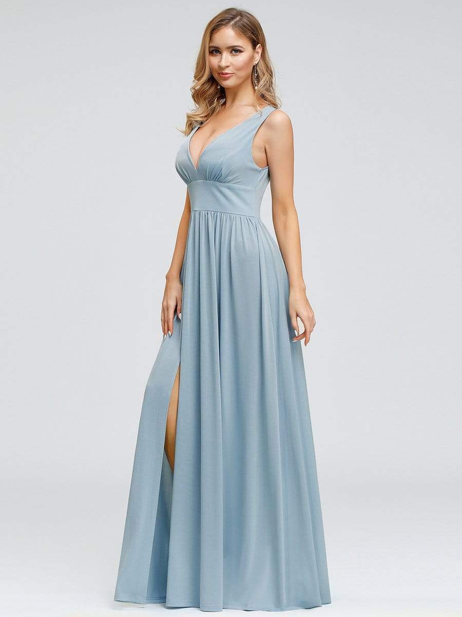 Color=Sky Blue | Women'S Double V-Neck Empire Waist Side Split Evening Dresses-Sky Blue 3 Color=Sky Blue | Women'S Double V-Neck Empire Waist Side Split Evening Dresses-Sky Blue 3