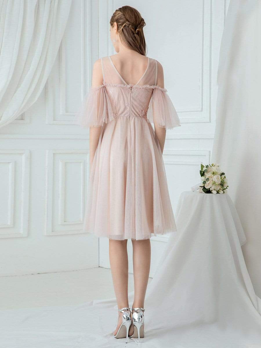 Color=Pink | Women'S Elegant Round Neckline Tulle Bridesmaid Dress-Pink 2 Color=Pink | Women'S Elegant Round Neckline Tulle Bridesmaid Dress-Pink 2