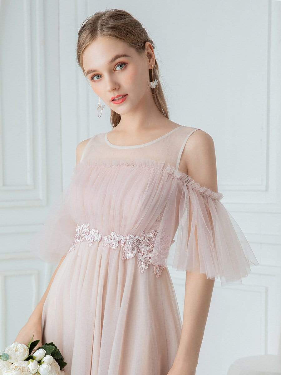 Color=Pink | Women'S Elegant Round Neckline Tulle Bridesmaid Dress-Pink 5 Color=Pink | Women'S Elegant Round Neckline Tulle Bridesmaid Dress-Pink 5