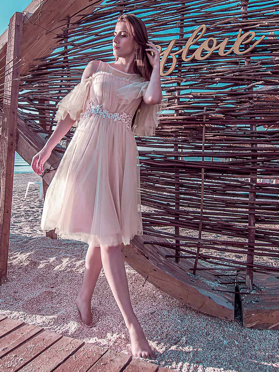 Color=Pink | Women'S Elegant Round Neckline Tulle Bridesmaid Dress-Pink 6 Color=Pink | Women'S Elegant Round Neckline Tulle Bridesmaid Dress-Pink 6