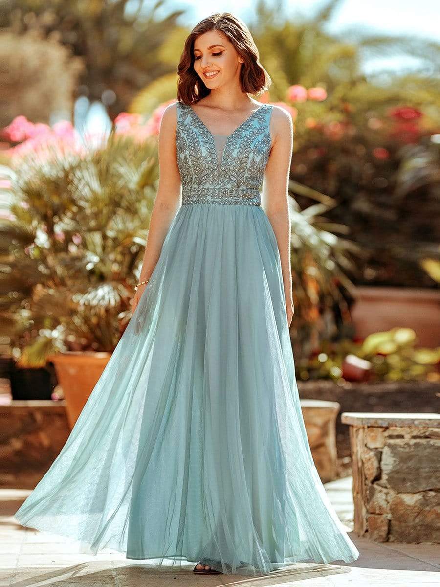 Color=Dusty Blue | Women'S Elegant V Neck Floor Length Bridesmaid Dress-Dusty Blue 4 Color=Dusty Blue | Women'S Elegant V Neck Floor Length Bridesmaid Dress-Dusty Blue 4