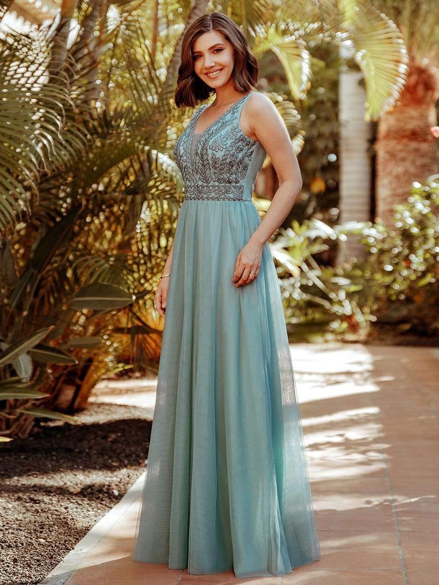 Color=Dusty Blue | Women'S Elegant V Neck Floor Length Bridesmaid Dress-Dusty Blue 8 Color=Dusty Blue | Women'S Elegant V Neck Floor Length Bridesmaid Dress-Dusty Blue 8