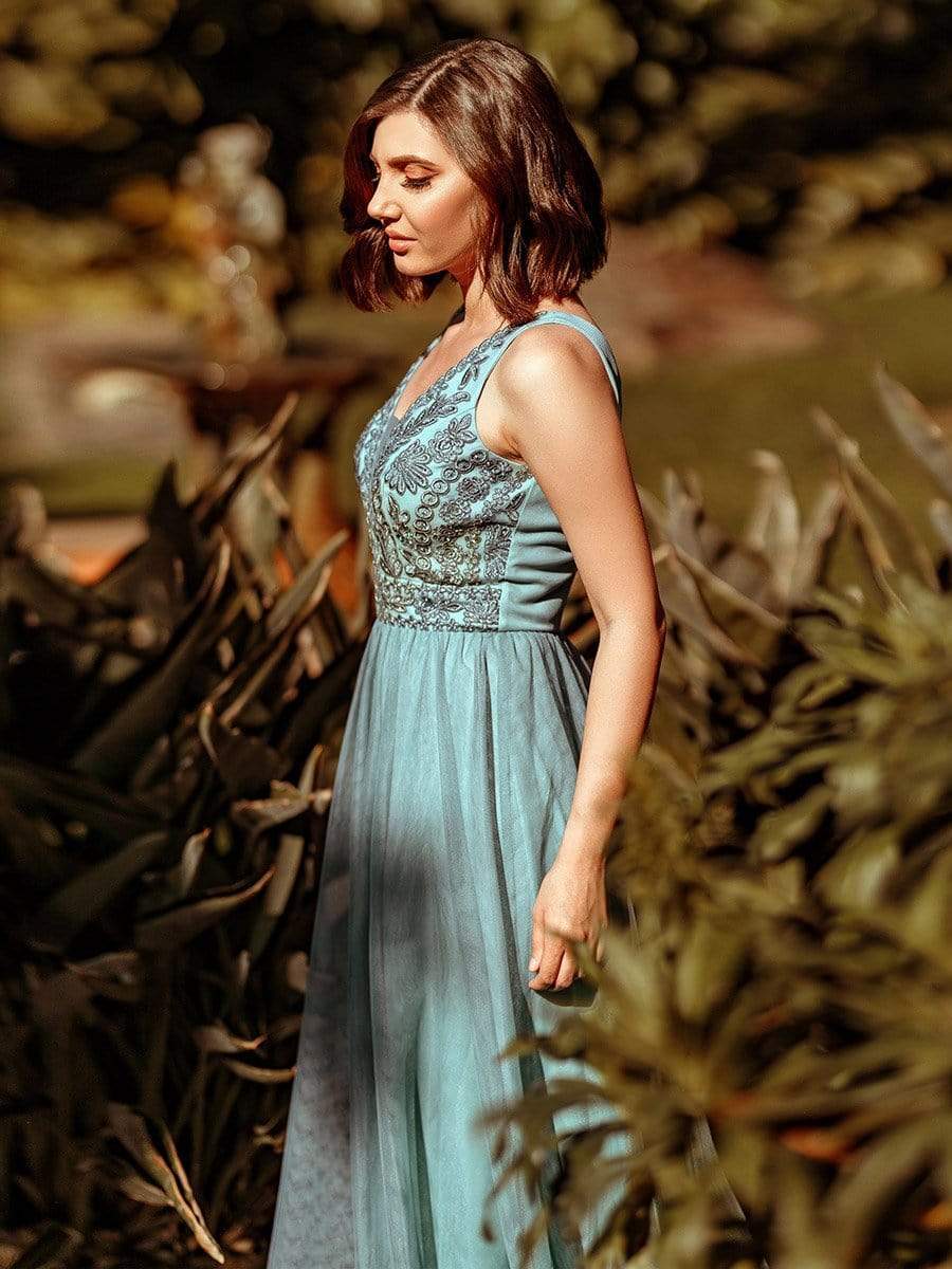 Color=Dusty Blue | Women'S Elegant V Neck Floor Length Bridesmaid Dress-Dusty Blue 10 Color=Dusty Blue | Women'S Elegant V Neck Floor Length Bridesmaid Dress-Dusty Blue 10