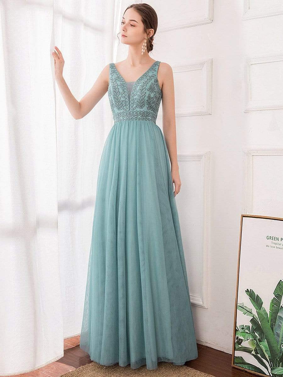 Color=Dusty Blue | Women'S Elegant V Neck Floor Length Bridesmaid Dress-Dusty Blue 11 Color=Dusty Blue | Women'S Elegant V Neck Floor Length Bridesmaid Dress-Dusty Blue 11