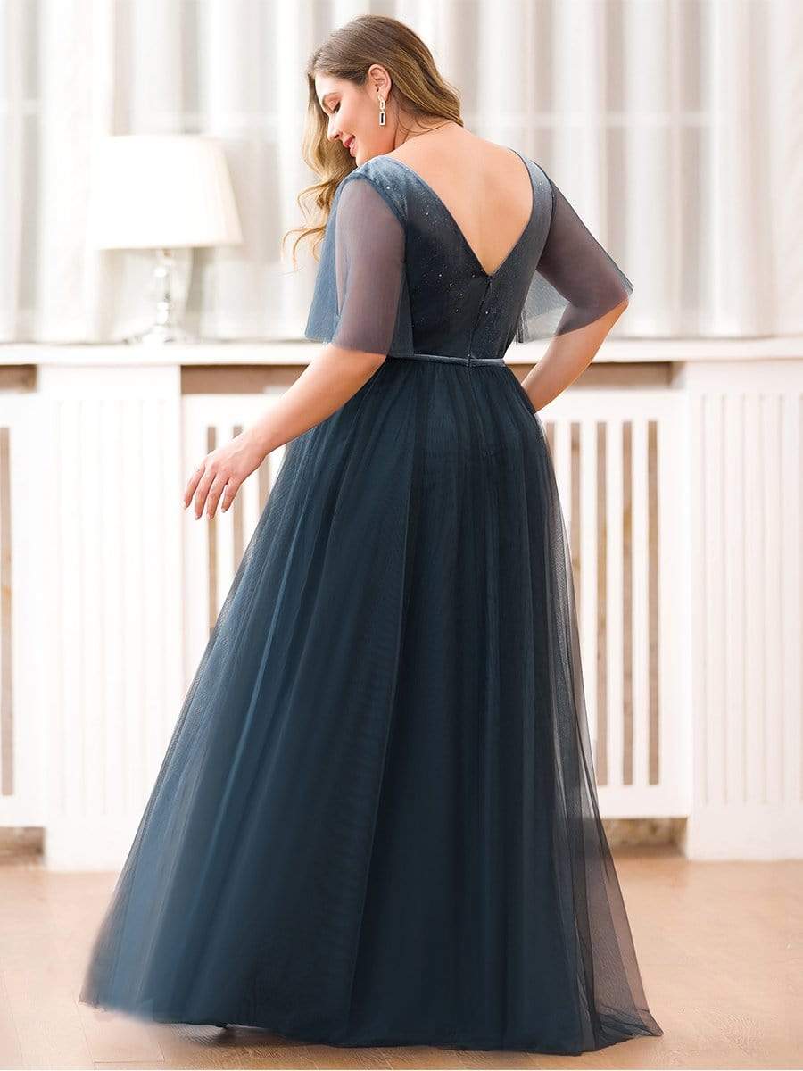 Color=Dusty Navy | Women'S V-Neck Short Sleeve Floor Length Evening Dress-Dusty Navy 2 Color=Dusty Navy | Women'S V-Neck Short Sleeve Floor Length Evening Dress-Dusty Navy 2