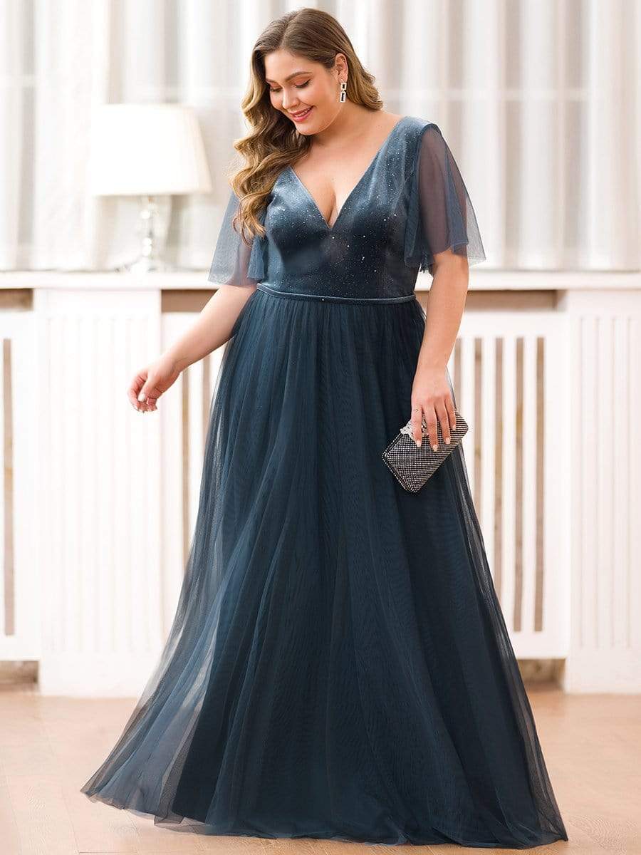 Color=Dusty Navy | Women'S V-Neck Short Sleeve Floor Length Evening Dress-Dusty Navy 3 Color=Dusty Navy | Women'S V-Neck Short Sleeve Floor Length Evening Dress-Dusty Navy 3