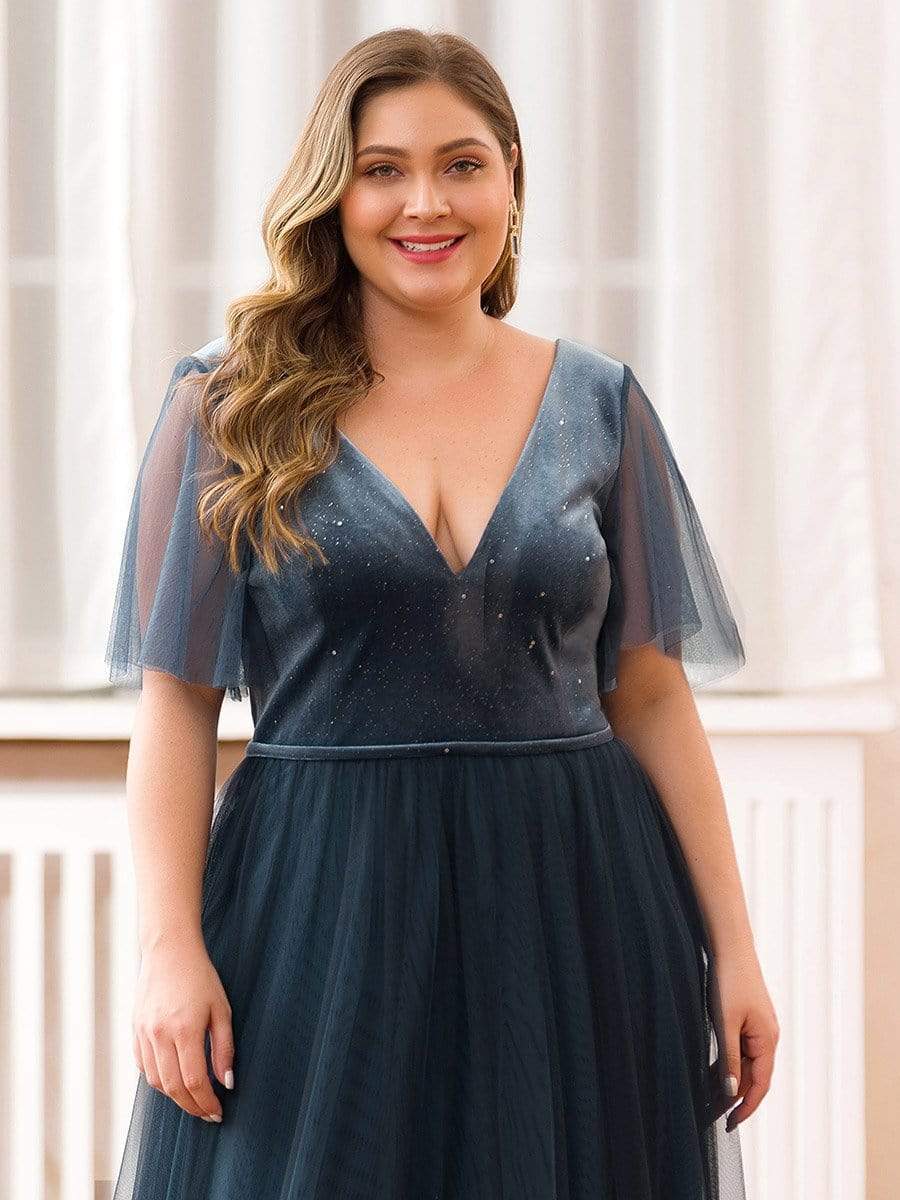 Color=Dusty Navy | Women'S V-Neck Short Sleeve Floor Length Evening Dress-Dusty Navy 5 Color=Dusty Navy | Women'S V-Neck Short Sleeve Floor Length Evening Dress-Dusty Navy 5
