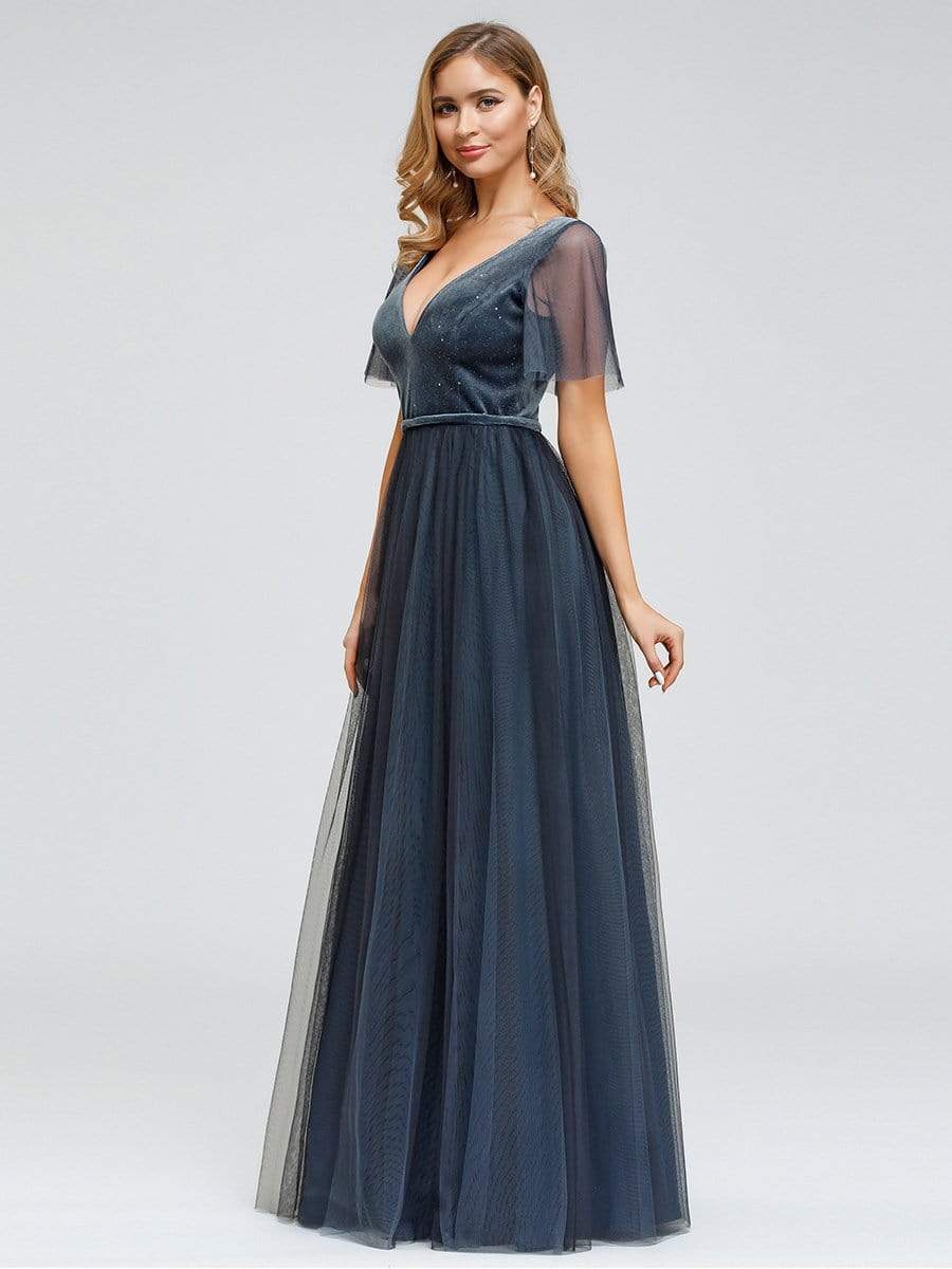 Color=Dusty Navy | Women'S V-Neck Short Sleeve Floor Length Evening Dress-Dusty Navy 3 Color=Dusty Navy | Women'S V-Neck Short Sleeve Floor Length Evening Dress-Dusty Navy 3