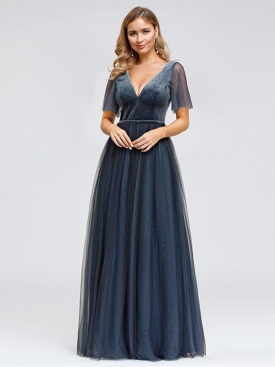 Color=Dusty Navy | Women'S V-Neck Short Sleeve Floor Length Evening Dress-Dusty Navy 4 Color=Dusty Navy | Women'S V-Neck Short Sleeve Floor Length Evening Dress-Dusty Navy 4