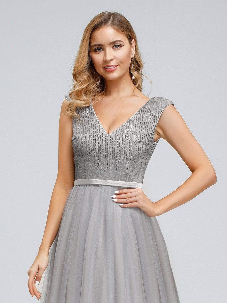 Color=Grey | Women'S Elegant V-Neck Sequin Dress Evening Gowns-Grey 5 Color=Grey | Women'S Elegant V-Neck Sequin Dress Evening Gowns-Grey 5