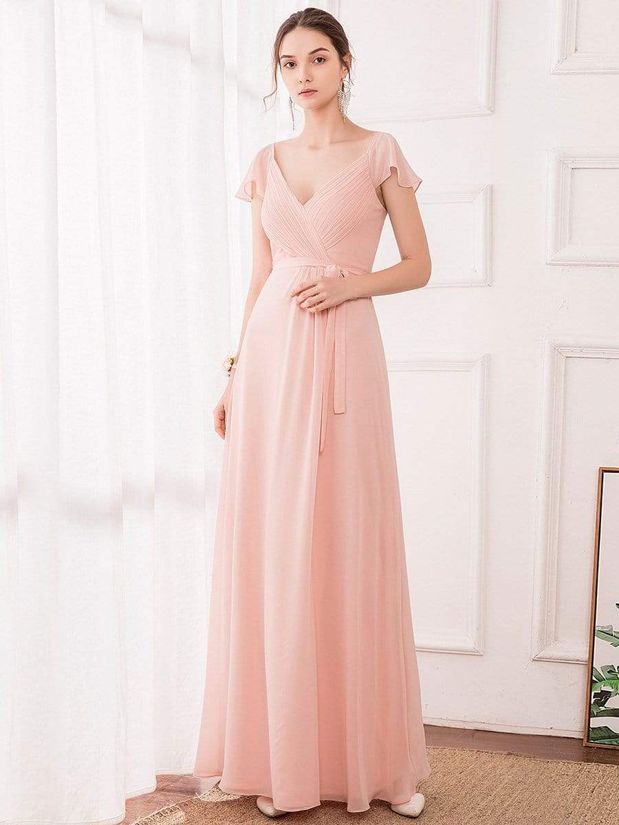 Color=Pink | Women'S Elegant A-Line Ruffles Sleeve Bridesmaid Dress-Pink 3 Color=Pink | Women'S Elegant A-Line Ruffles Sleeve Bridesmaid Dress-Pink 3