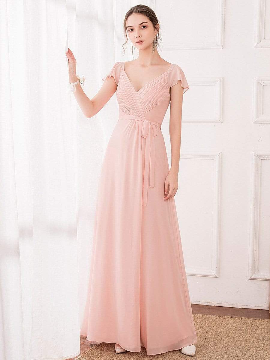 Color=Pink | Women'S Elegant A-Line Ruffles Sleeve Bridesmaid Dress-Pink 1 Color=Pink | Women'S Elegant A-Line Ruffles Sleeve Bridesmaid Dress-Pink 1