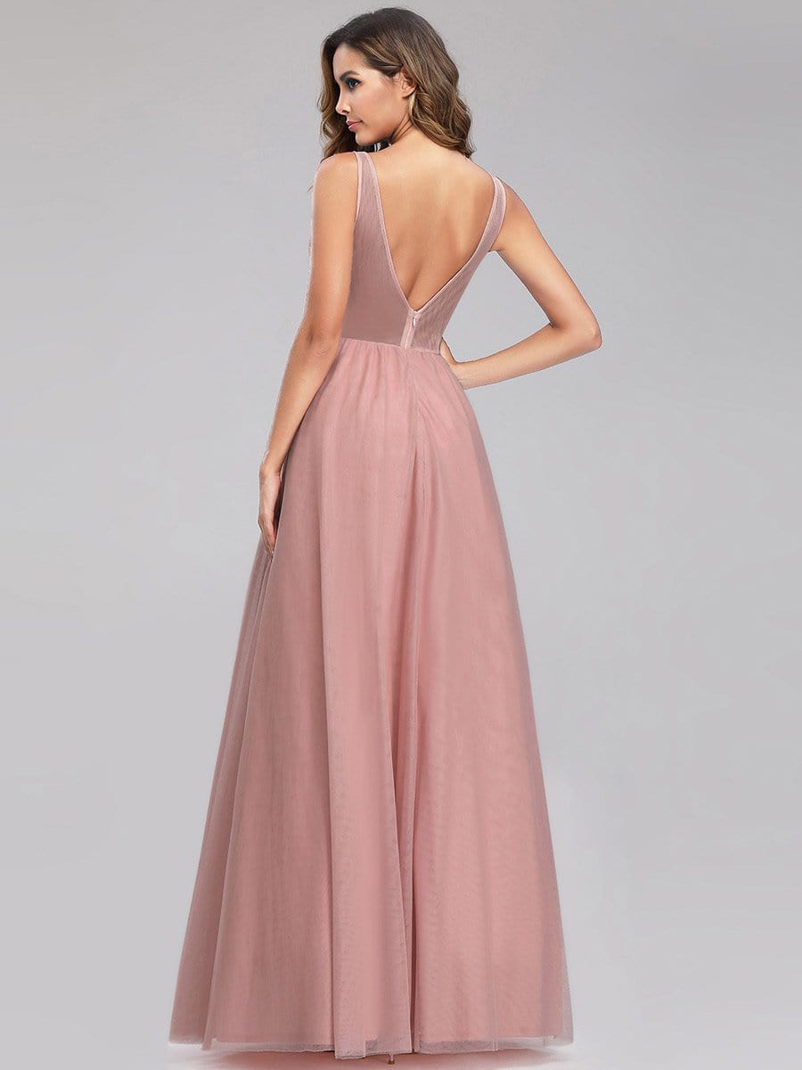 Color=Pink | Women'S V-Neck See-Through Beaded Evening Dress-Pink 5 Color=Pink | Women'S V-Neck See-Through Beaded Evening Dress-Pink 5