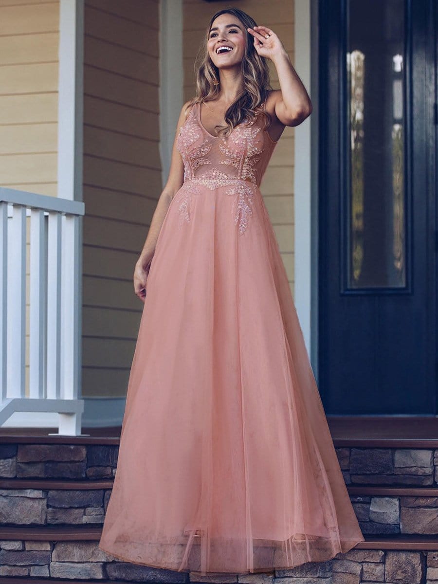Color=Pink | Women'S V-Neck See-Through Beaded Evening Dress-Pink 1 Color=Pink | Women'S V-Neck See-Through Beaded Evening Dress-Pink 1