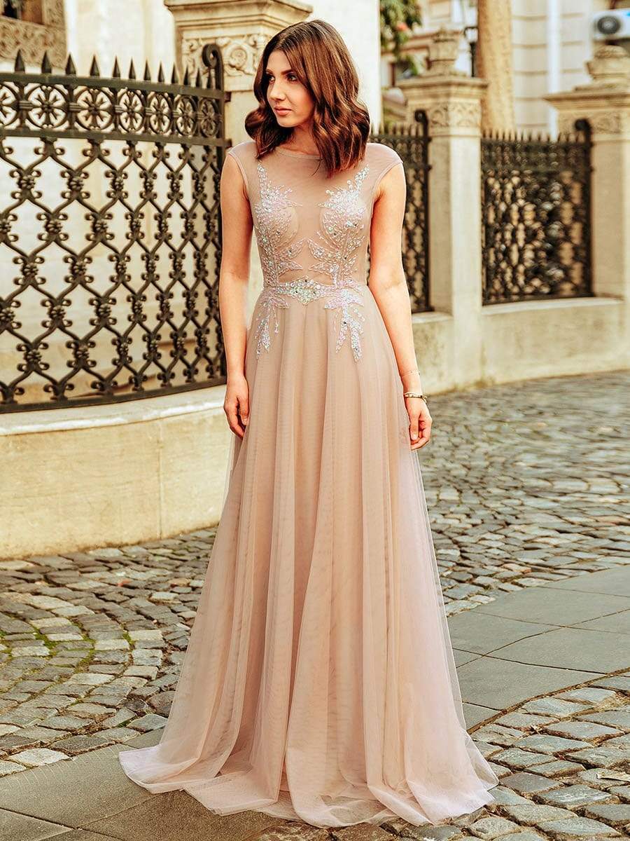 Women s A Line See through Cap Sleeve Evening Dress