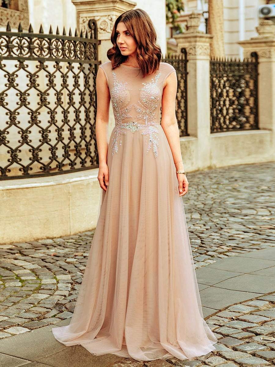 Color=Beige | Women'S A-Line See-Through Cap Sleeve Evening Dress-Beige 1 Color=Beige | Women'S A-Line See-Through Cap Sleeve Evening Dress-Beige 1